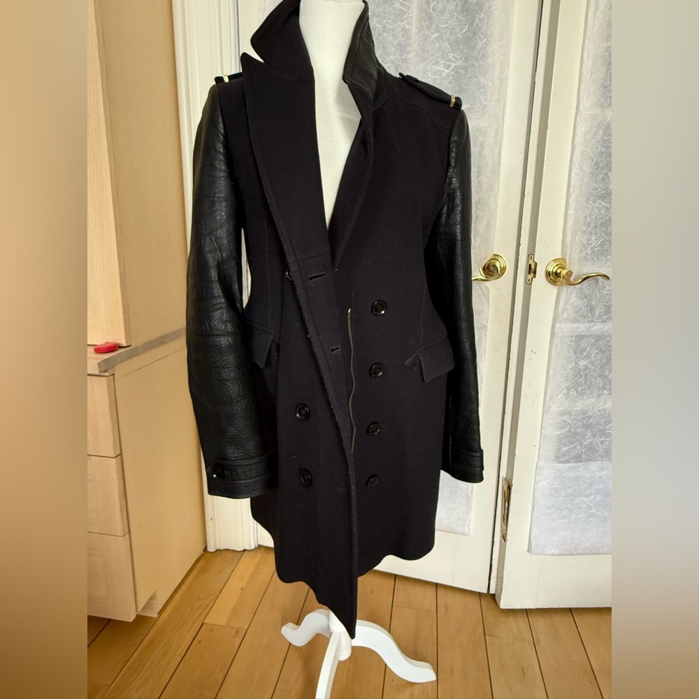 Black Wool Leather Peacoat - Burberry